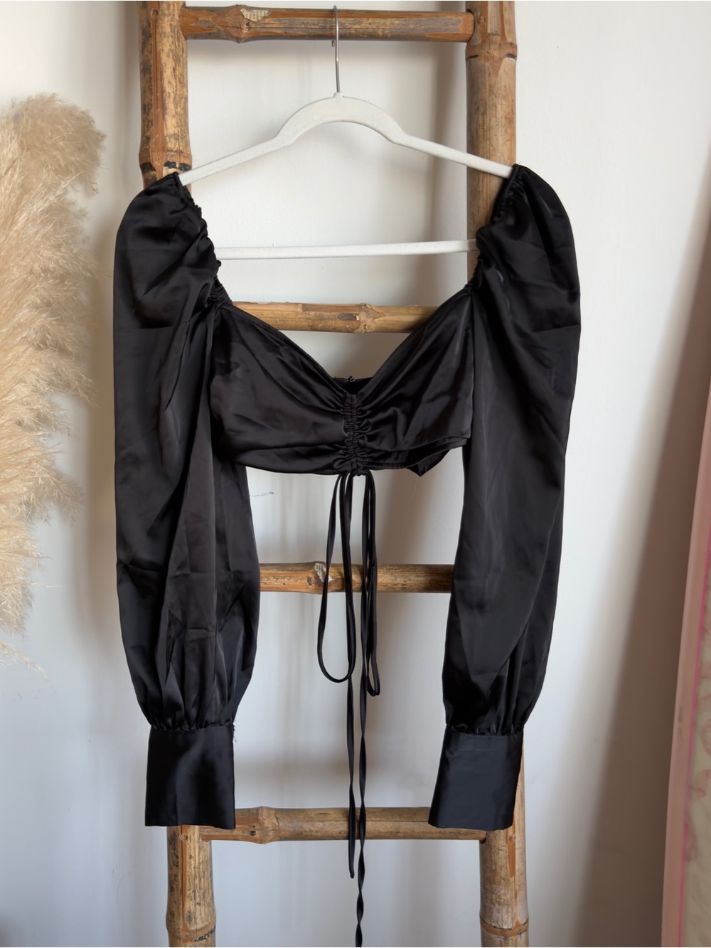 Missguided Black Satin Crop Top with Puff Sleeves